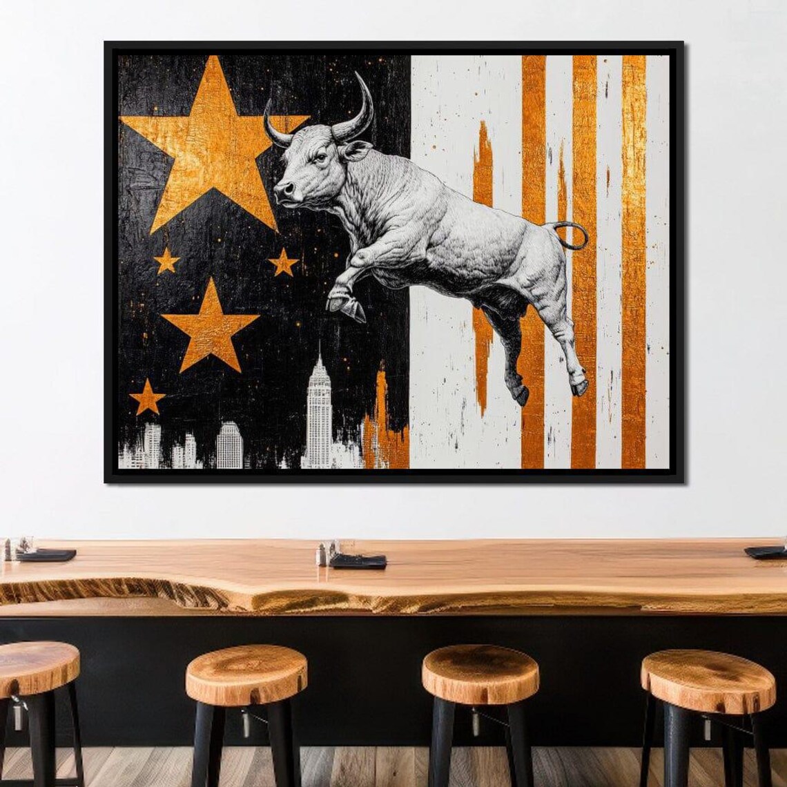 Leaping White Bull Gold Stars City Skyline Black Gold Wall Art Poster - Image 4