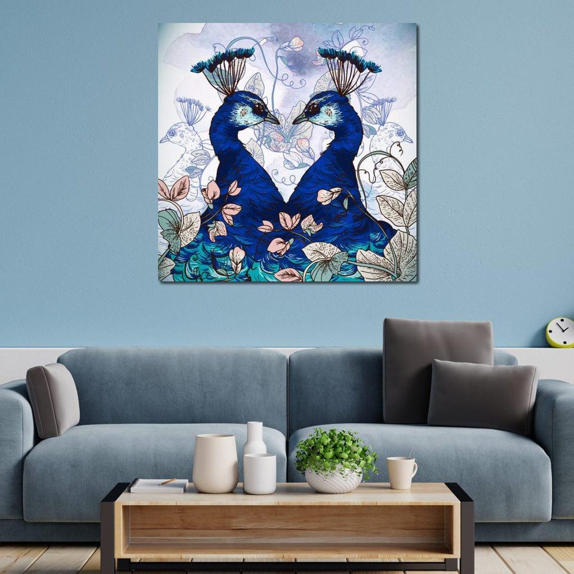Blue Floral Peacocks Art Print - Image 3