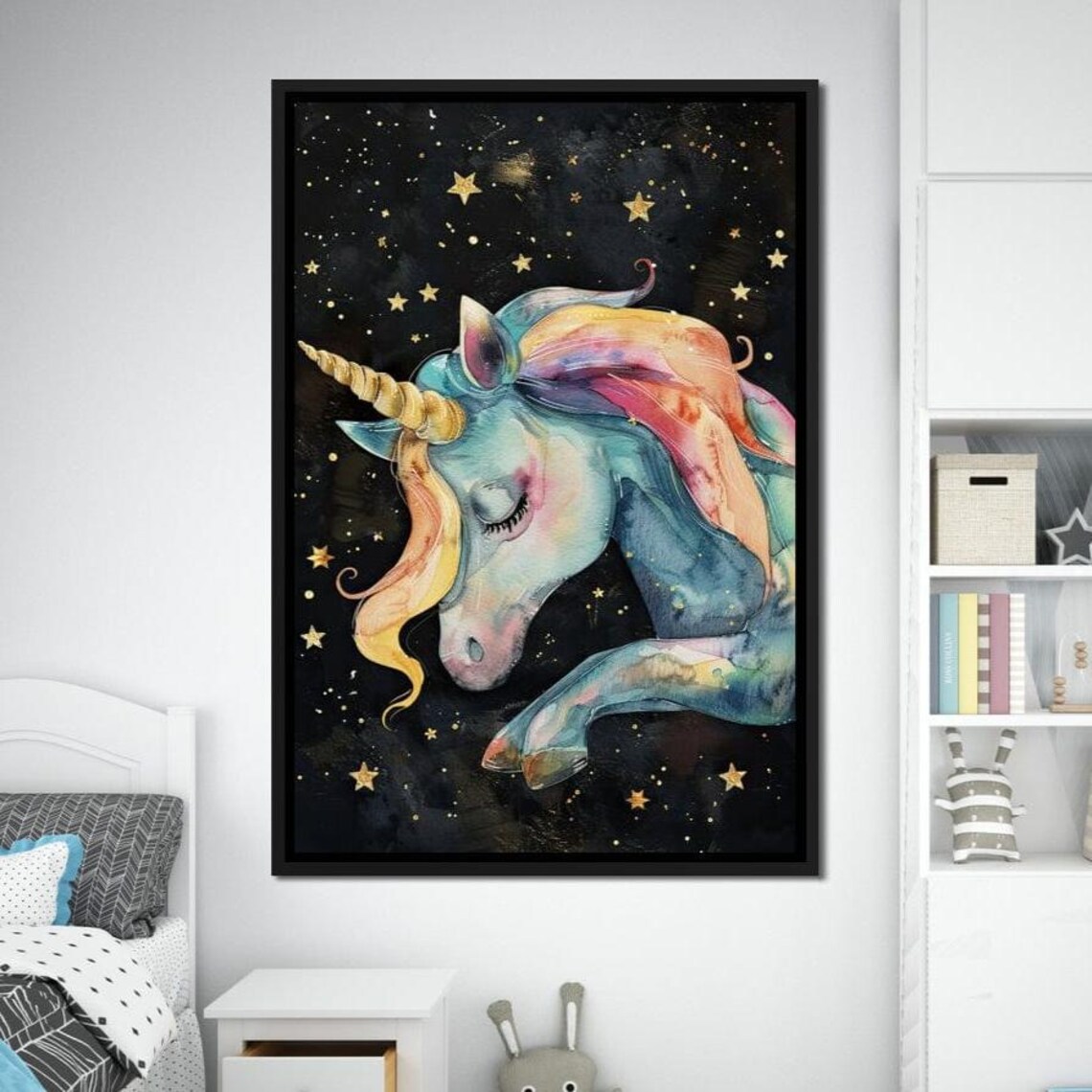 Watercolor Sleeping Unicorn Pastel Dream Starry Night Kids Poster