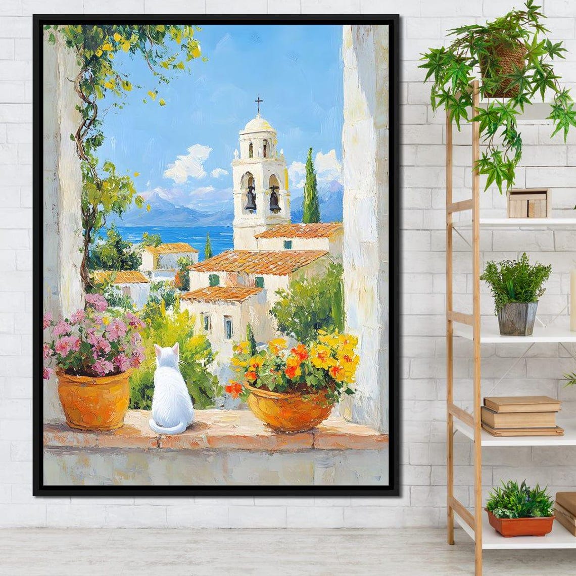 White Cat On Mediterranean Village Windowsill Coastal Poster - Image 4