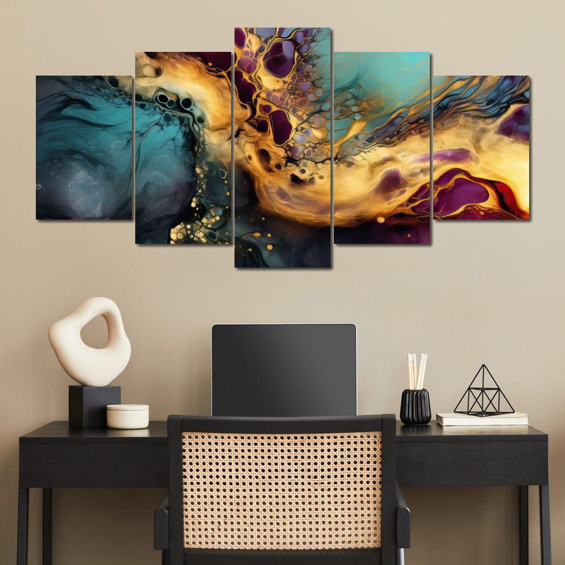 Turquoise Gold Purple Fluid Marble Five Panel Abstract Wall Art