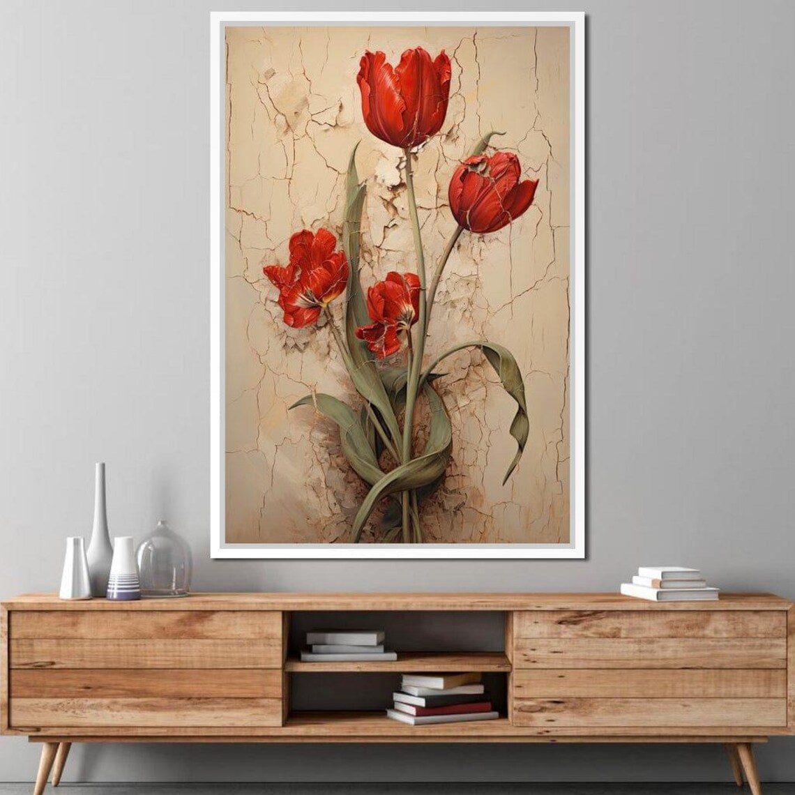 Red Tulips Vintage Cracked Texture Botanical Still Life Art Poster - Image 2