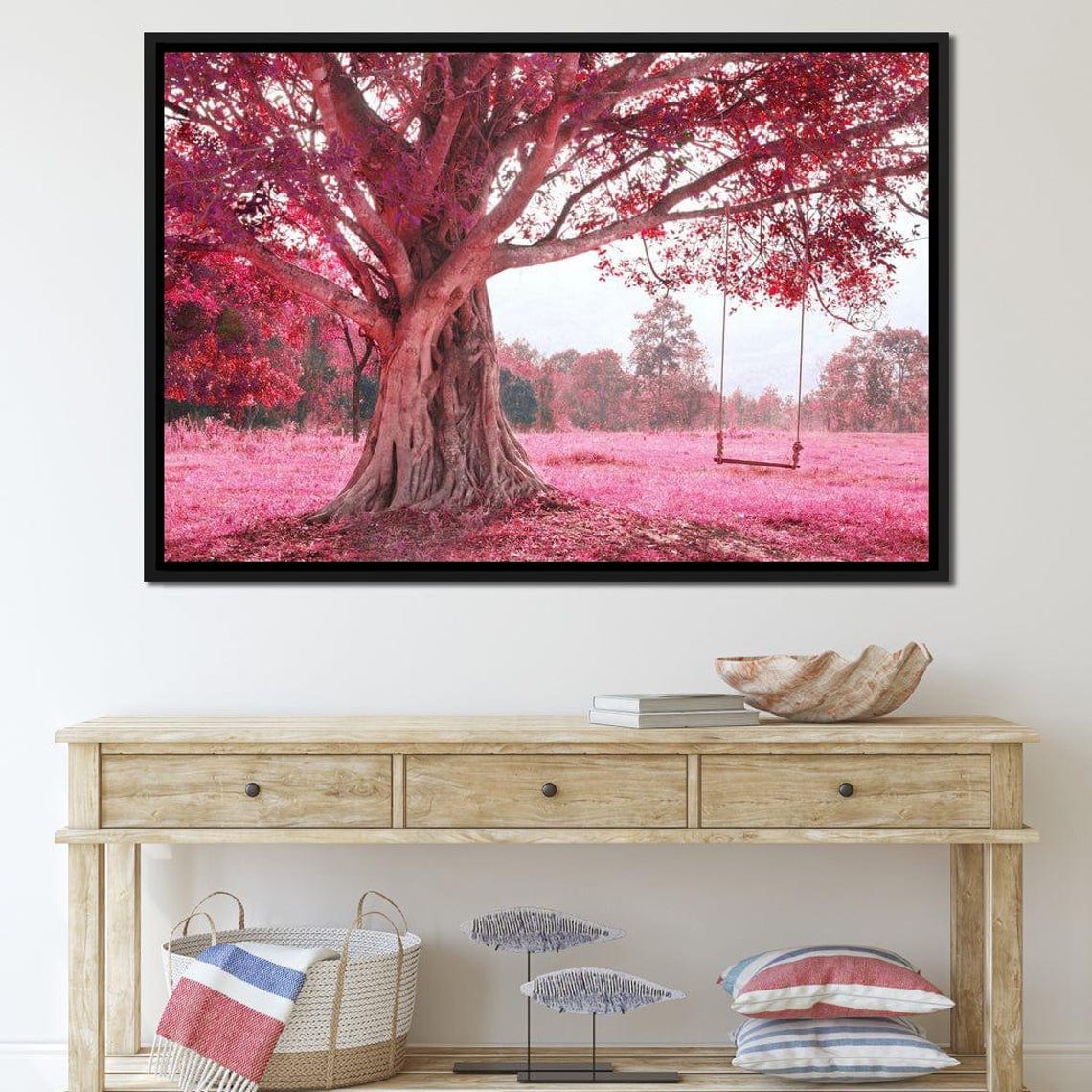 Pink Cherry Blossom Tree Swing in a Dreamy Spring Meadow Nature Poster - Image 3