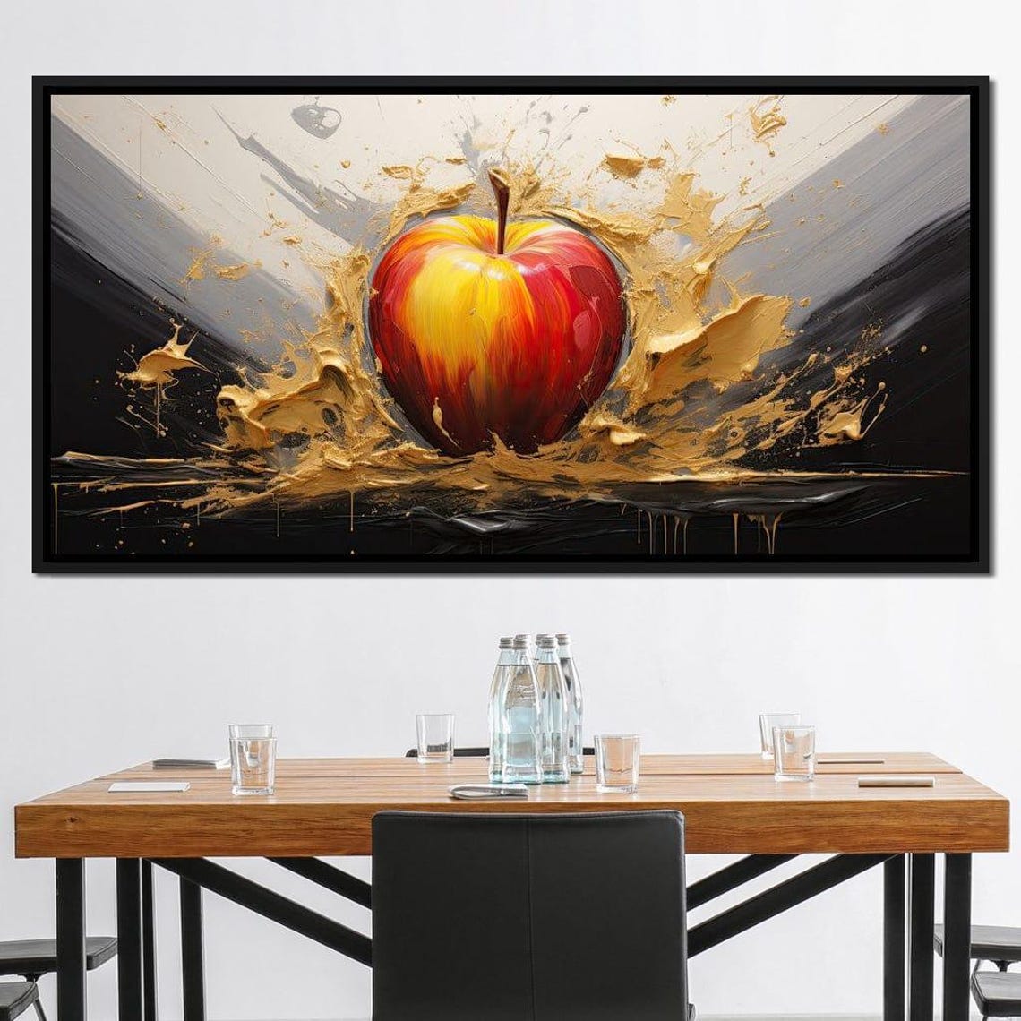 Red Apple Exploding Golden Paint Splash Dramatic Fruit Pop Art Poster