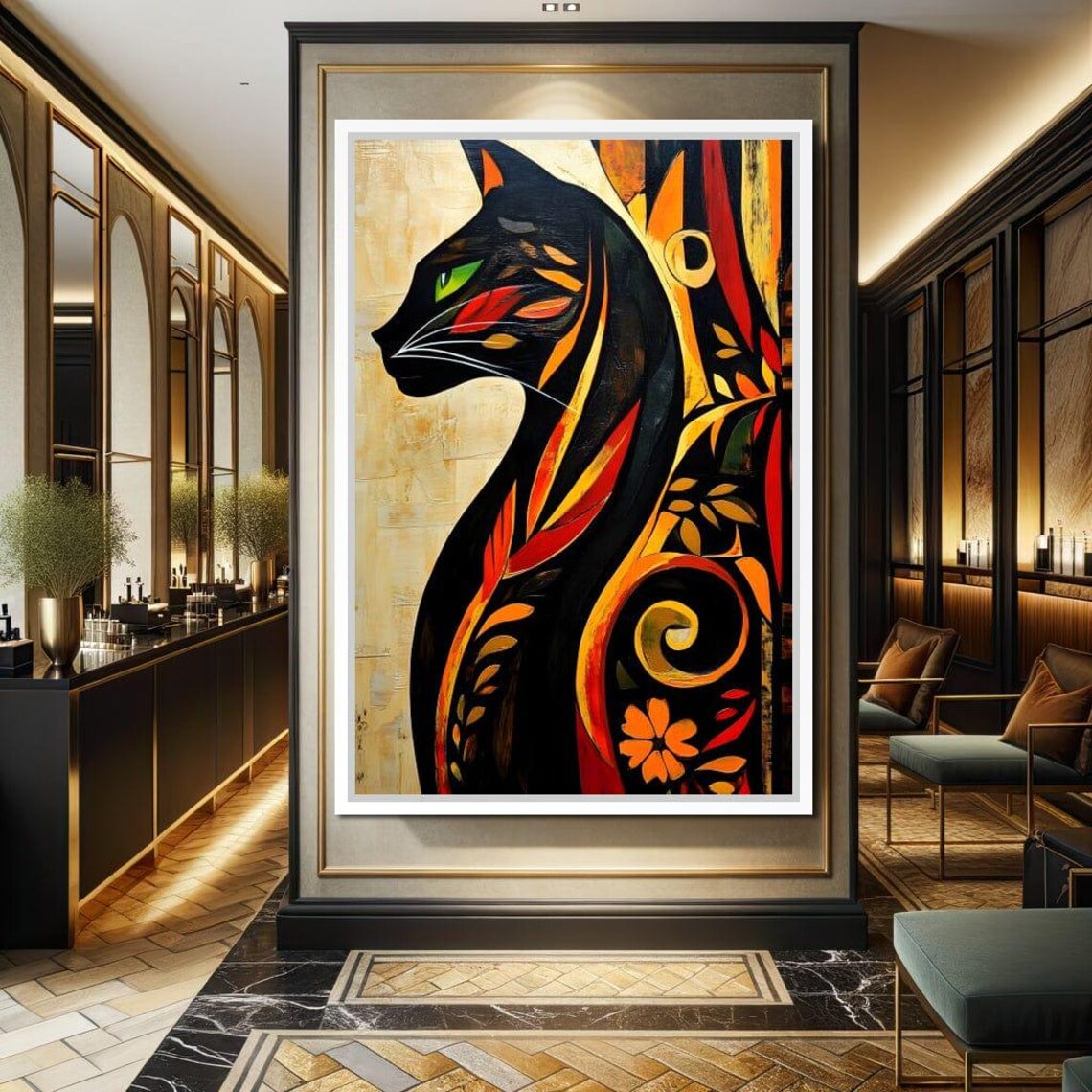 Black Cat Profile Stylized Orange Red Foliage Gold Leaf Wall Art Poster - Image 4