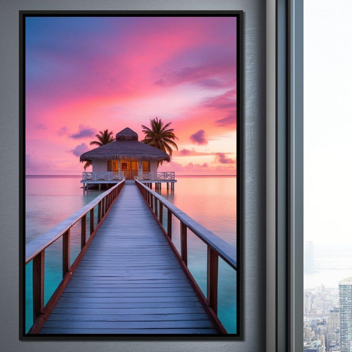 Overwater Bungalow Pink Sunset Tropical Island Escape Travel Poster