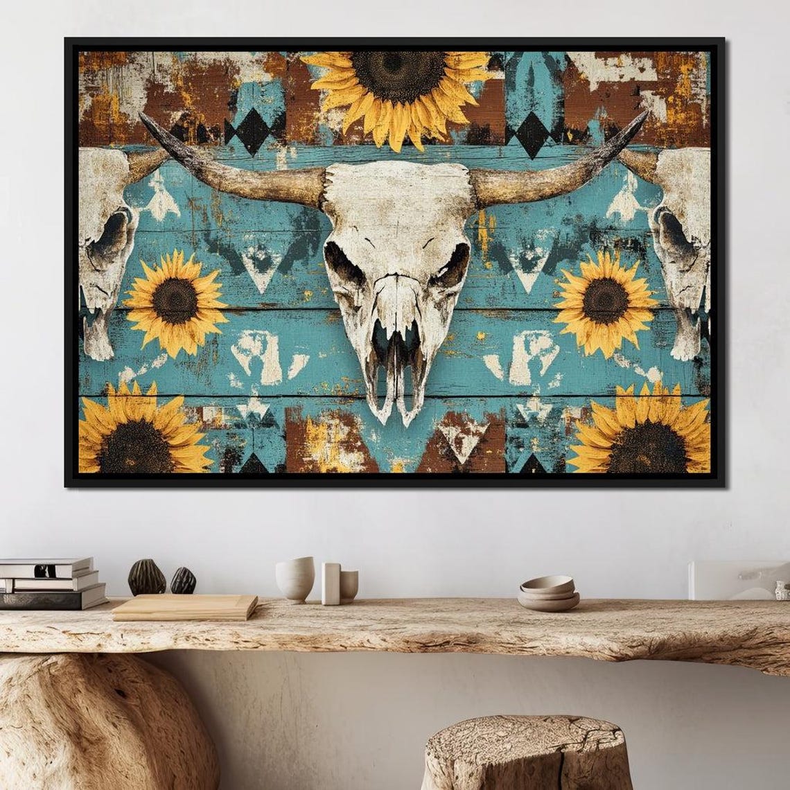 Longhorn Skull Sunflower Turquoise Western Rustic Wall Art Print