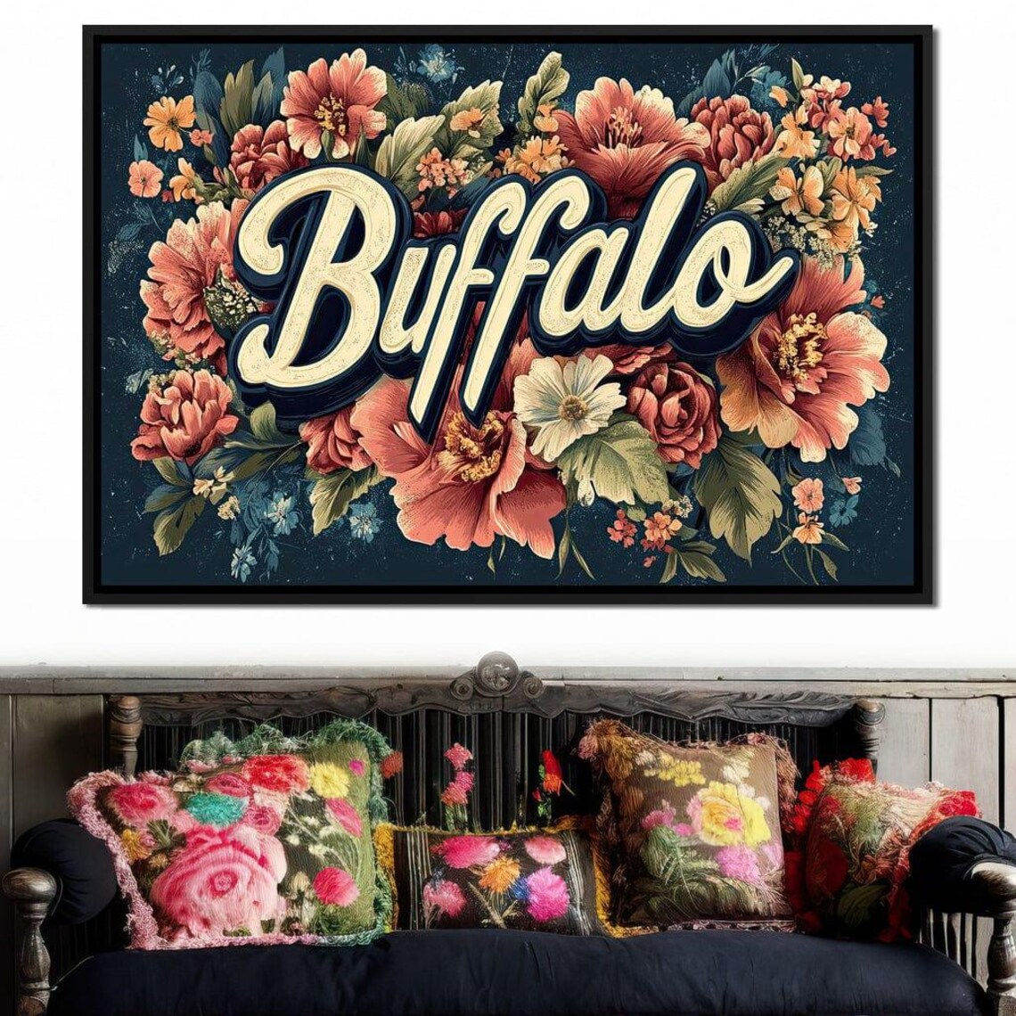 Buffalo Cream Script Vintage Pink Peony Floral Typography Art Poster