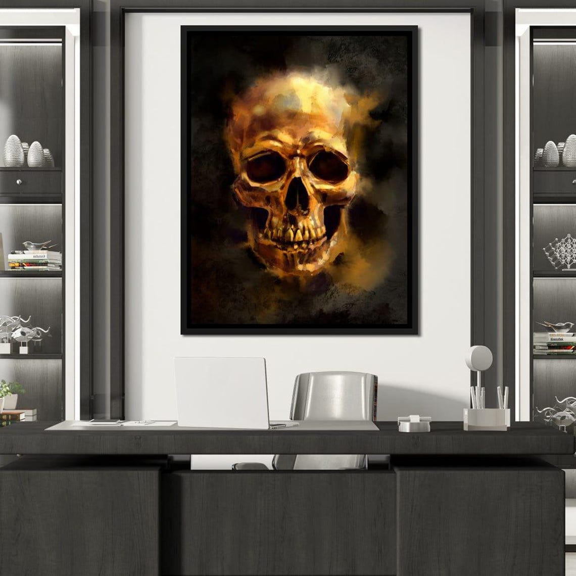 Golden Skull Black Smoky Background Gothic Dark Wall Art Poster - Image 2