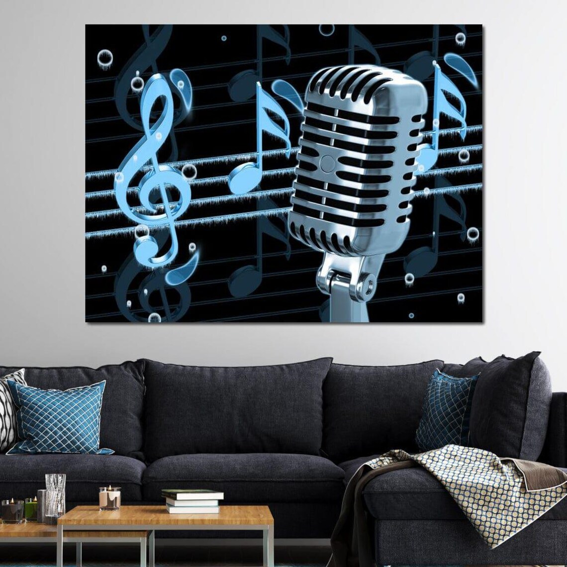 Vintage Chrome Microphone Blue Musical Notes Retro Singing Music Art Poster - Image 3