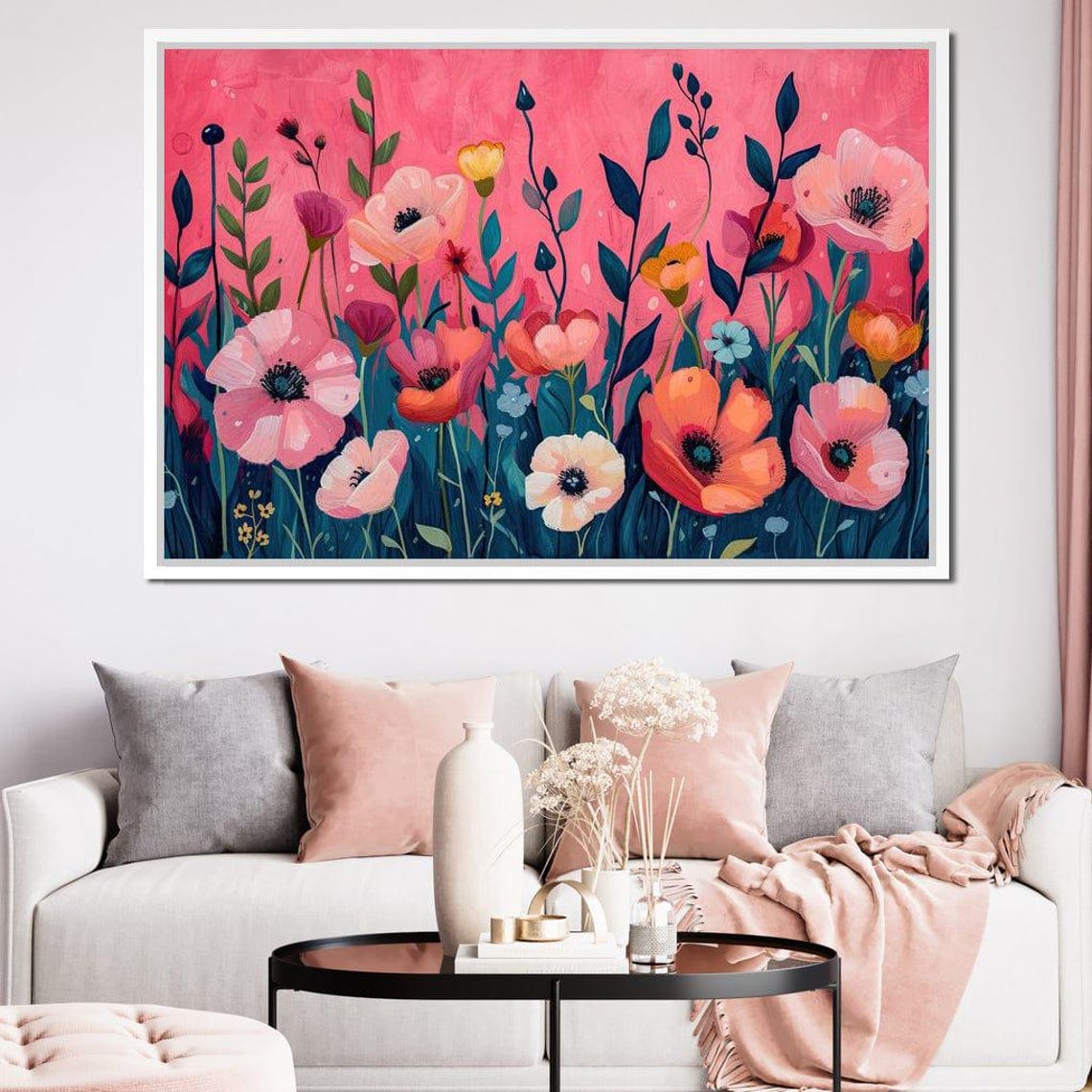 Pink Poppy Meadow Five Panel Floral Canvas Modern Home Wall Art - Image 4