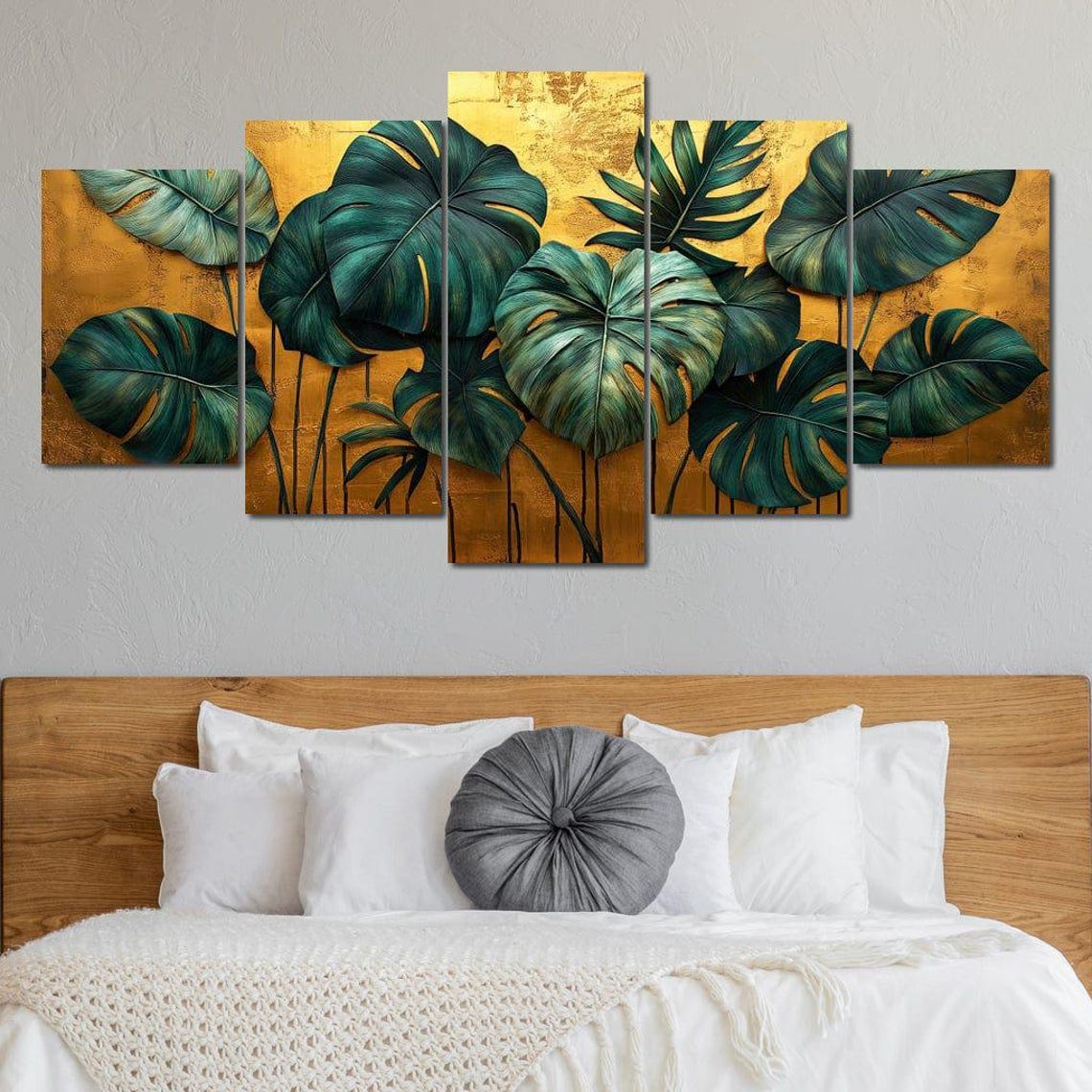 Emerald Monstera Leaves Gold Textured Background Botanical Wall Art - Image 4