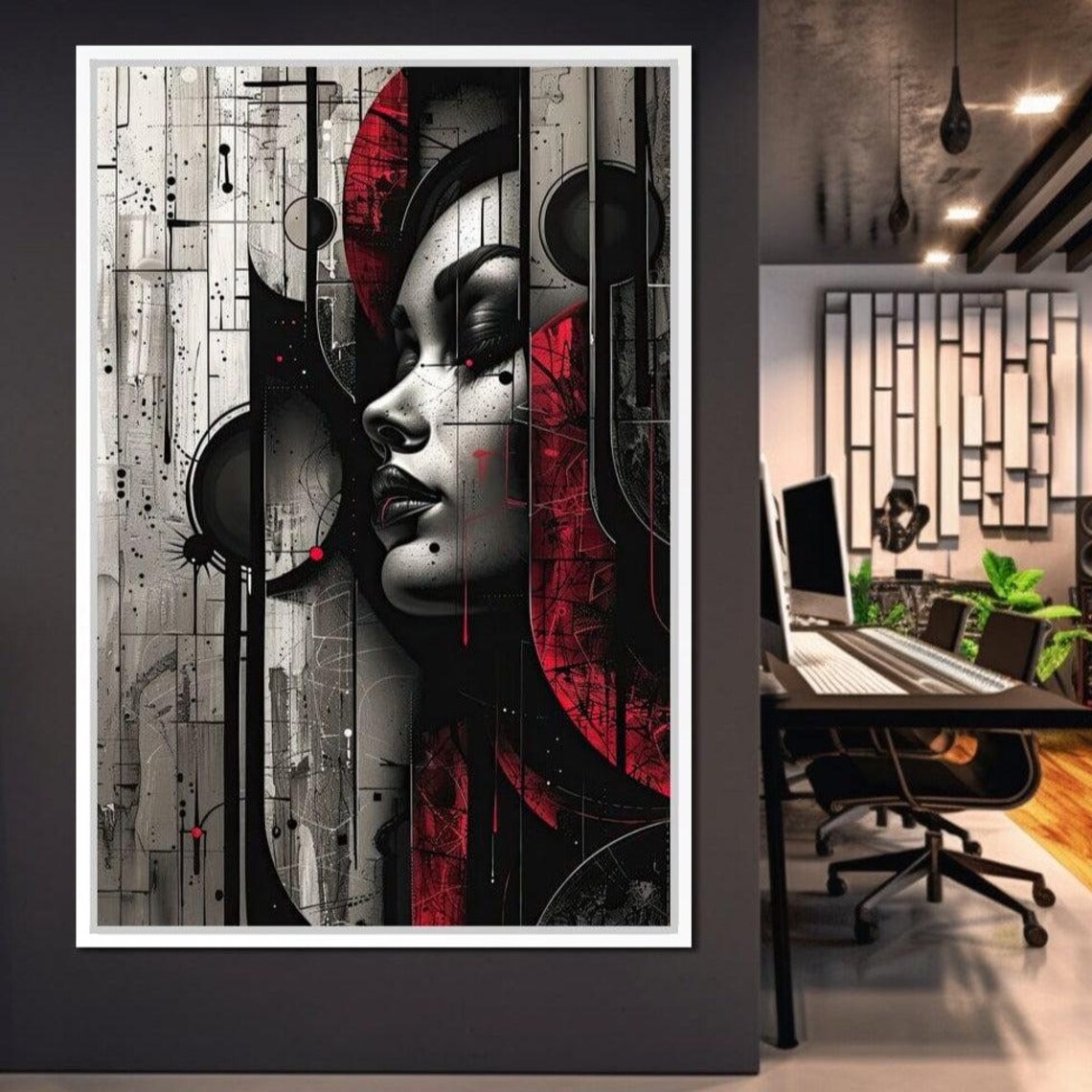 Noir Woman Profile Red Accents Urban Abstract Portrait Wall Art