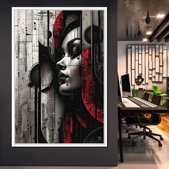 Noir Woman Profile Red Accents Urban Abstract Portrait Wall Art