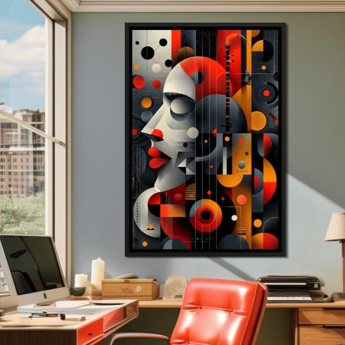Geometric Woman Face Red Black Gold Circles Abstract Deco Wall Poster