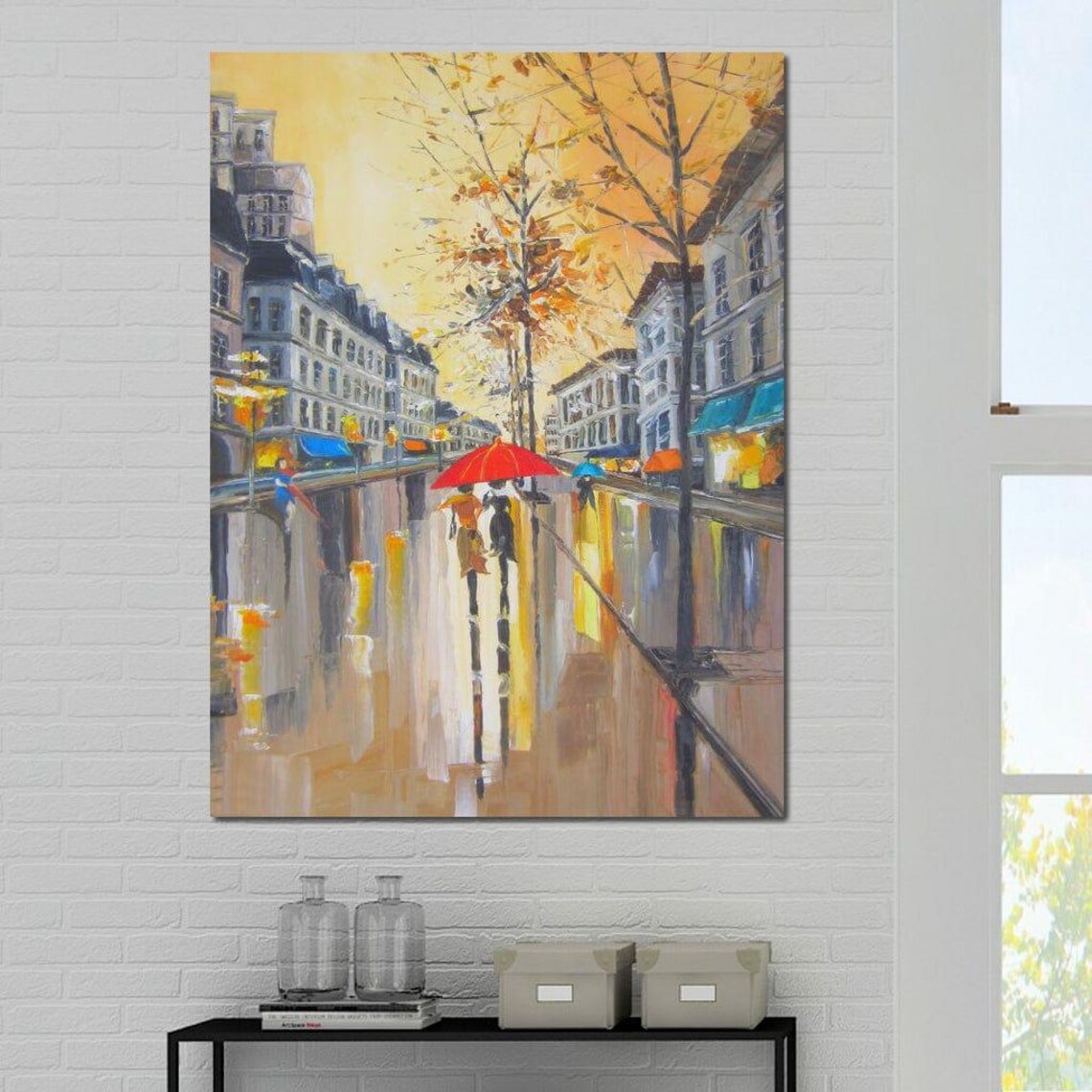 Romantic Rainy Old Town Street Red Umbrella Couple Oil Paint Poster - Image 3