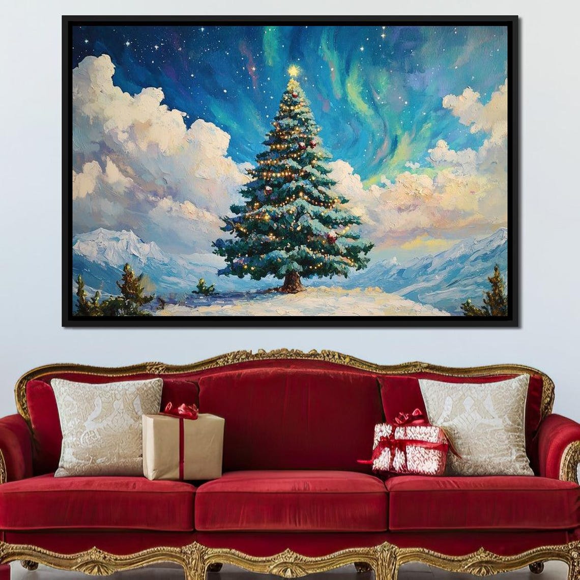 Aurora Borealis Over Snowy Christmas Tree Winter Night Lights Poster - Image 3