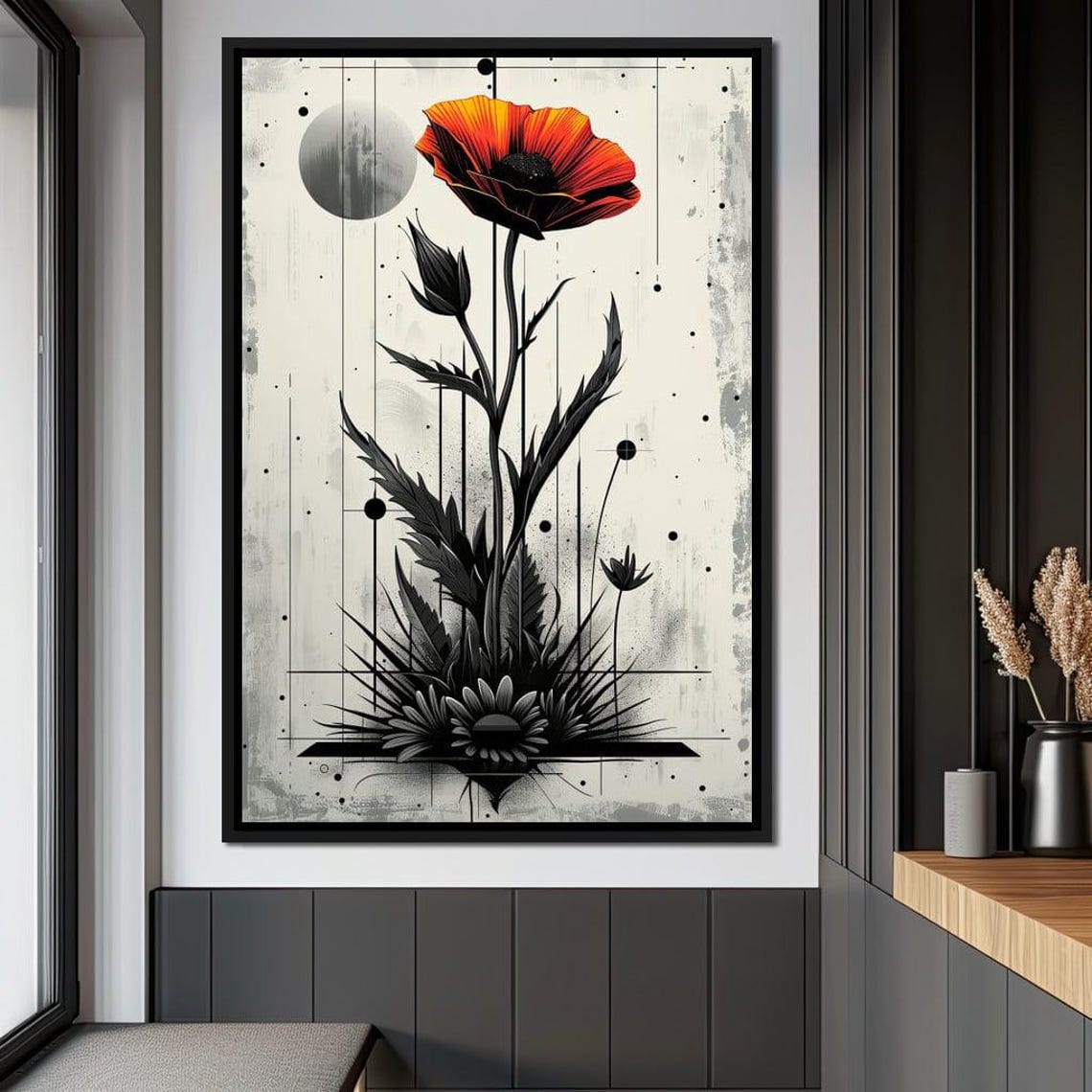 Single Red Poppy Black Leaves Moon Minimalist Botanical Poster - Image 4