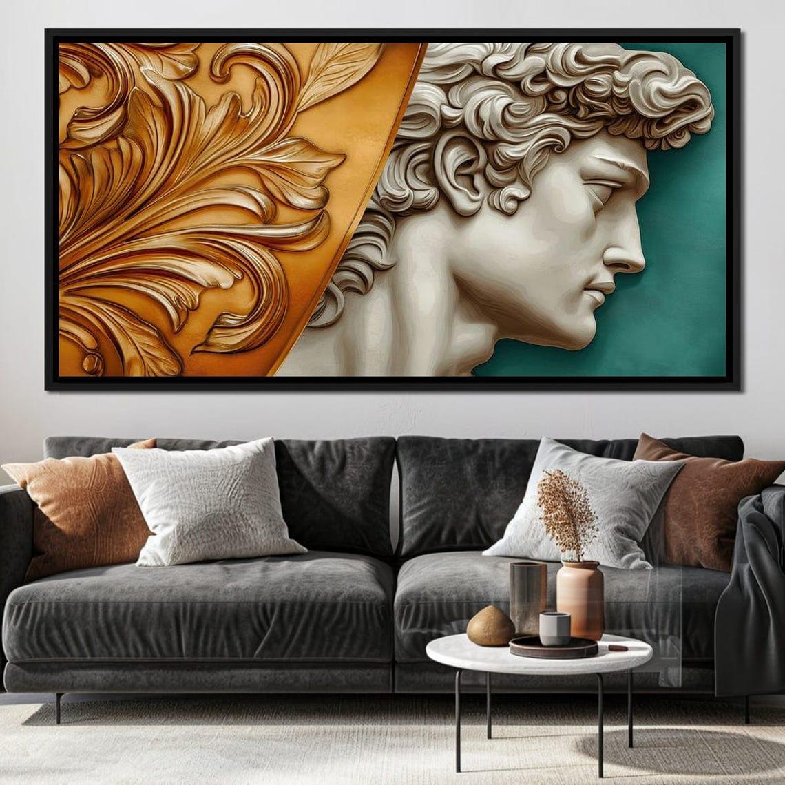 Classical Statue Face Gold Baroque Leaf Teal Sculpture Wall Art - Image 2