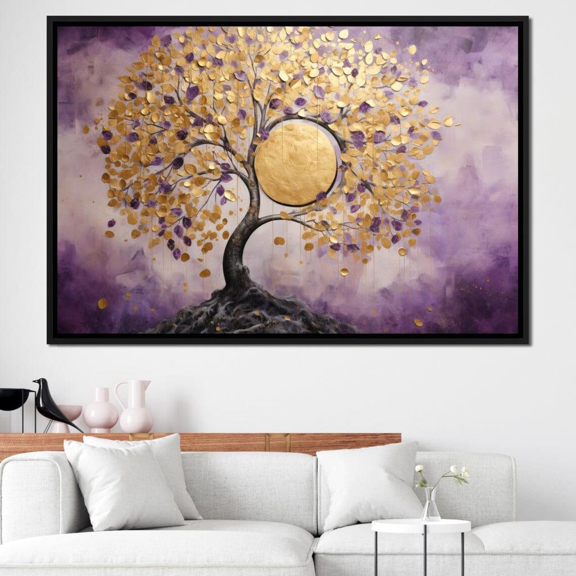 Golden Coin Tree Purple Sky Full Moon Dreamy Boho Style Art Print - Image 2