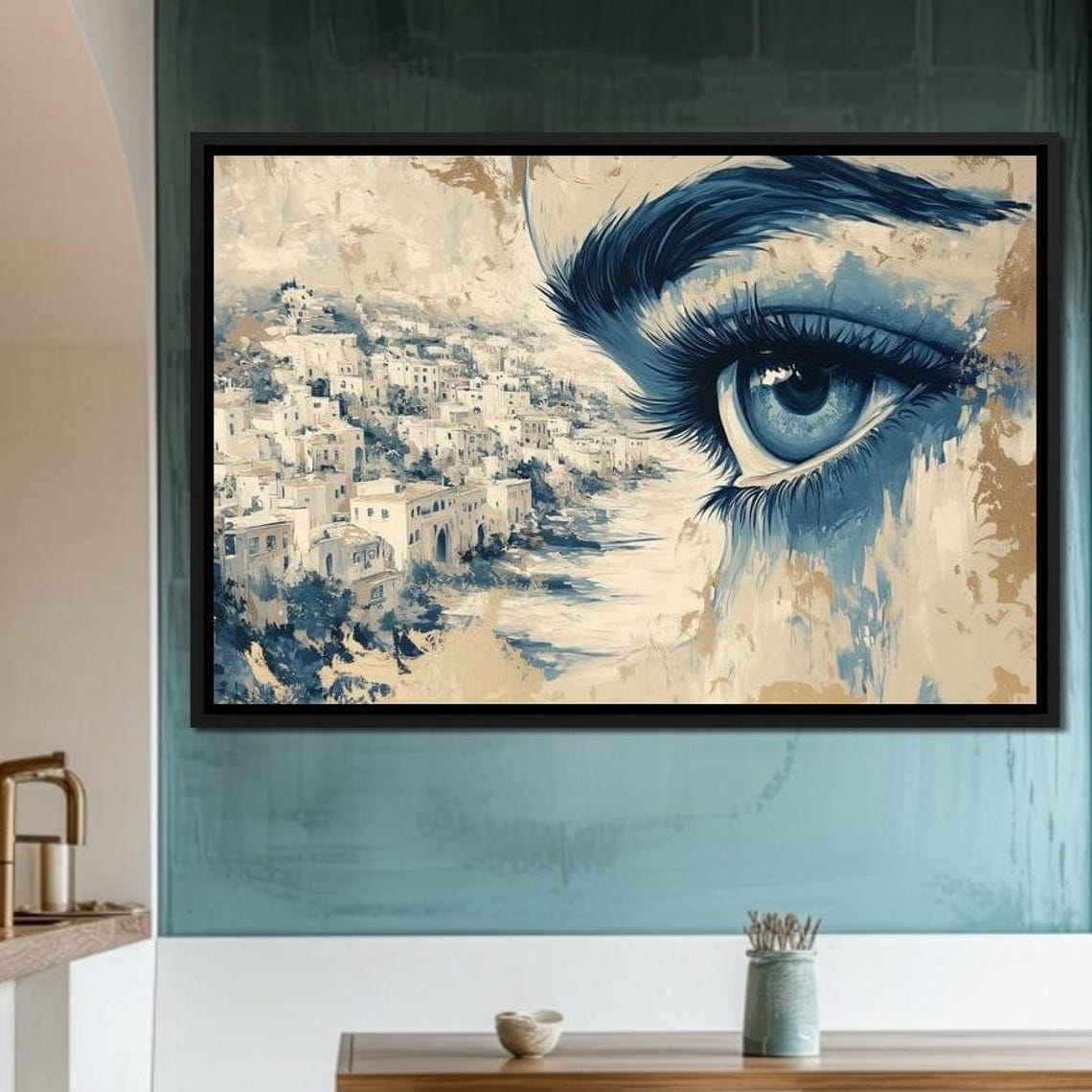 Watchful Blue Eye Coastal Hillside Town Surreal Beige Wall Art - Image 3