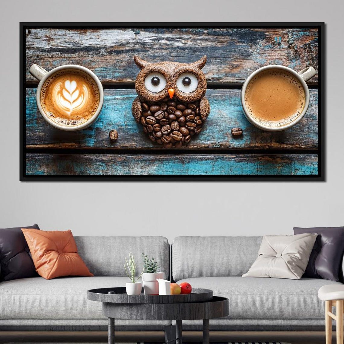 Coffee Bean Owl With Two Espresso Cups Rustic Multi Panel Poster - Image 3