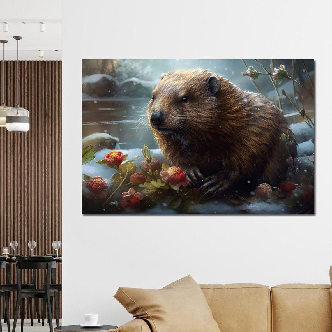 Cute Beaver Winter Snow Stream Red Berries Wildlife Animal Art Print - Image 2