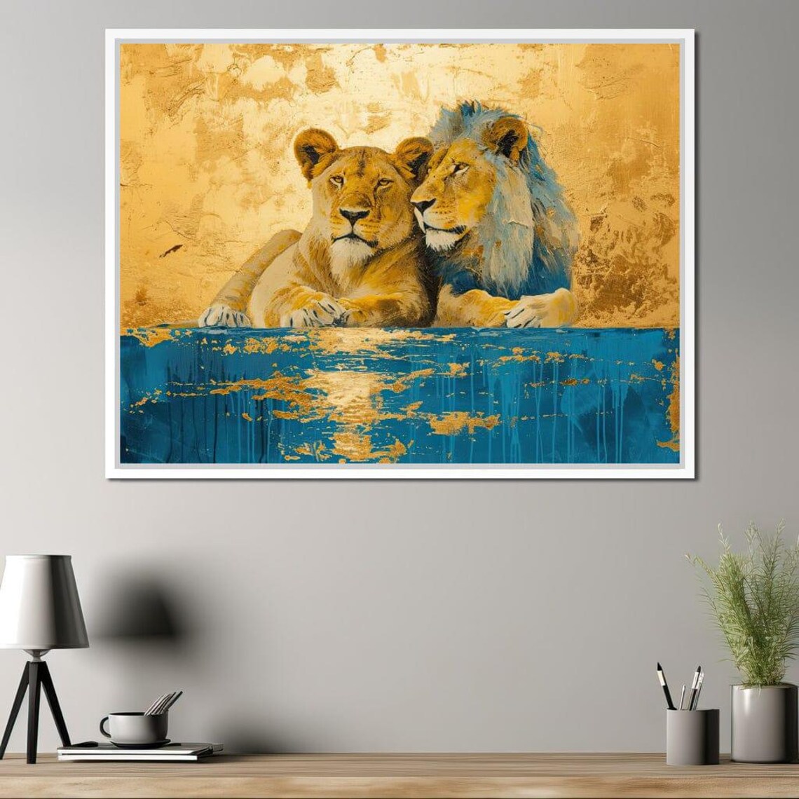 Golden Lion Lioness Pair Teal Blue Modern Wildlife Wall Art Poster - Image 3
