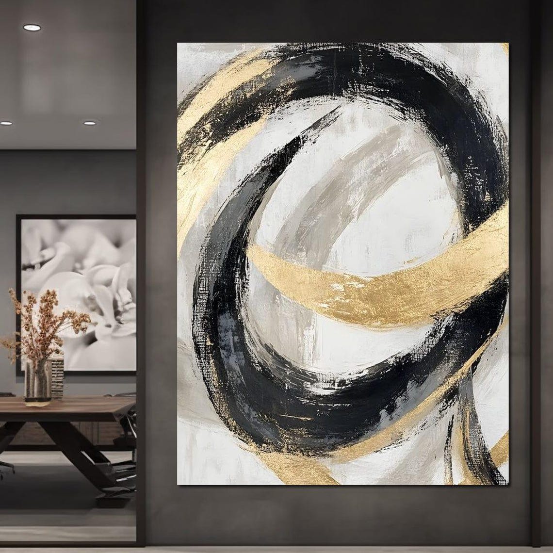 Black and Gold Circular Brushstroke Abstract Modern Wall Poster - Image 3