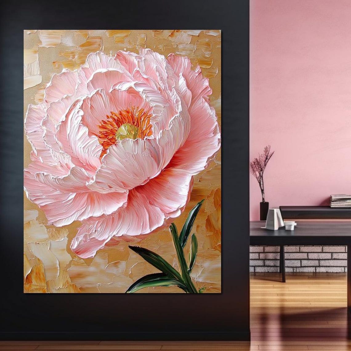 Blush Pink Peony Golden Background Thick Impasto Floral Art Print - Image 2