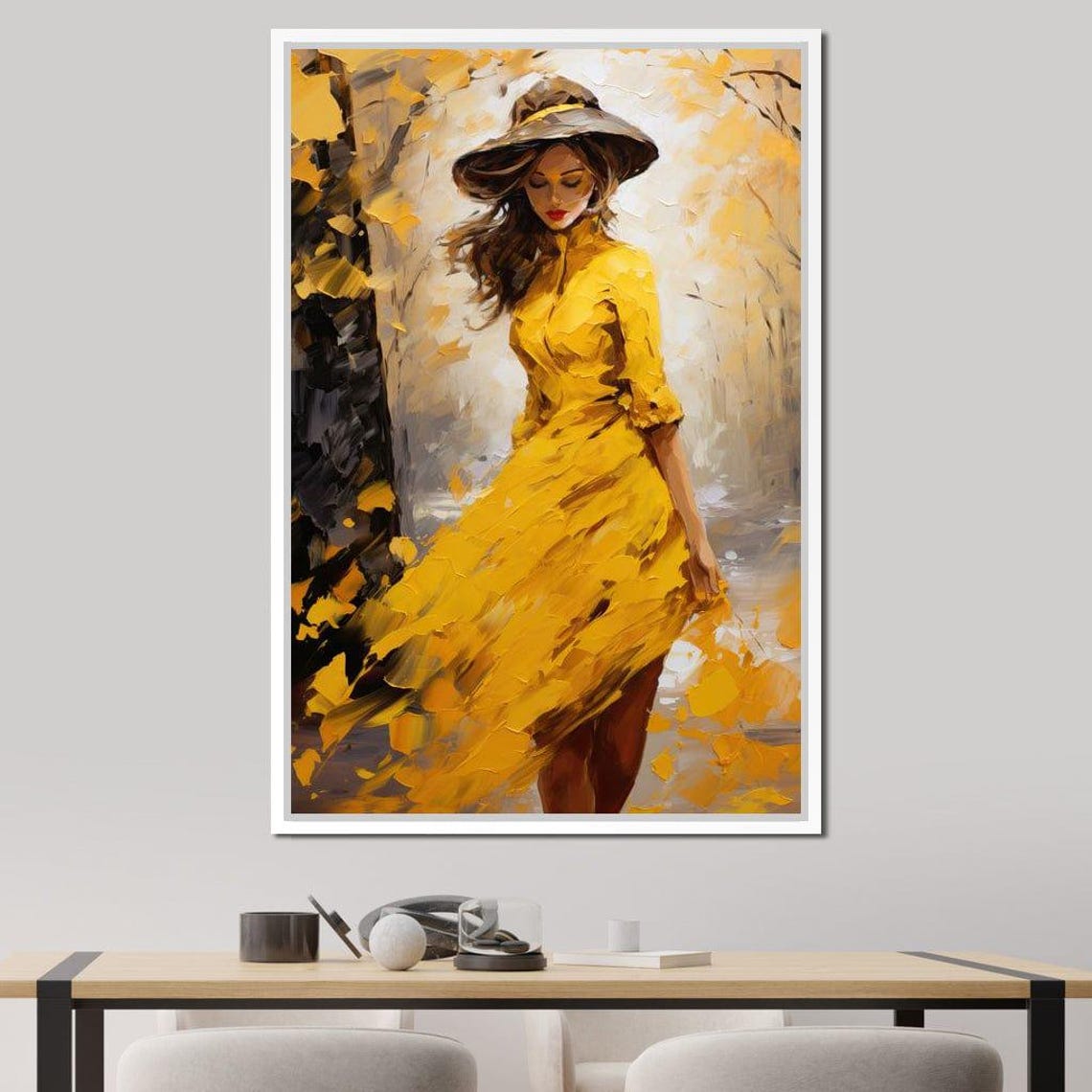 Elegance In Shades Of Gold Fashion Art Modern Decor Sun Hat Yellow Dress Abstract Woman Painting Elegant Wall Art By Nichecanvas - Image 2