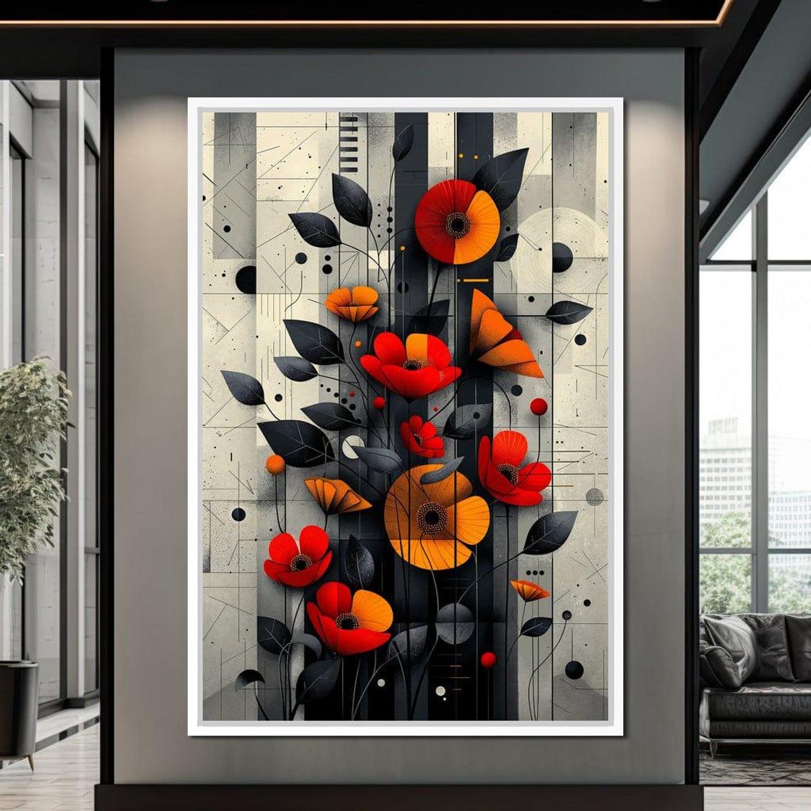 Bold Geometric Red Poppy Flowers Abstract Modern Floral Wall Art - Image 2