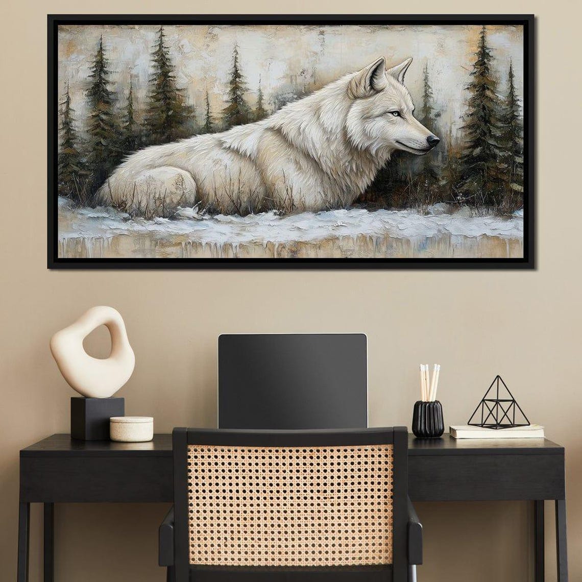 White Wolf Snowy Pine Forest Winter Landscape Wildlife Wall Art Print - Image 3