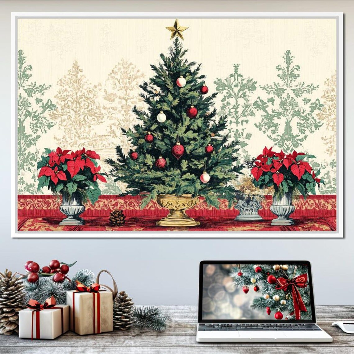 Christmas Tree With Red Ornaments And Poinsettias Mantel Poster - Image 3