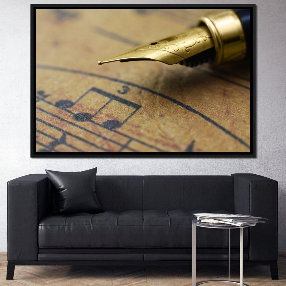 Golden Fountain Pen Nib over Vintage Sheet Music Elegant Office Art Poster - Image 2