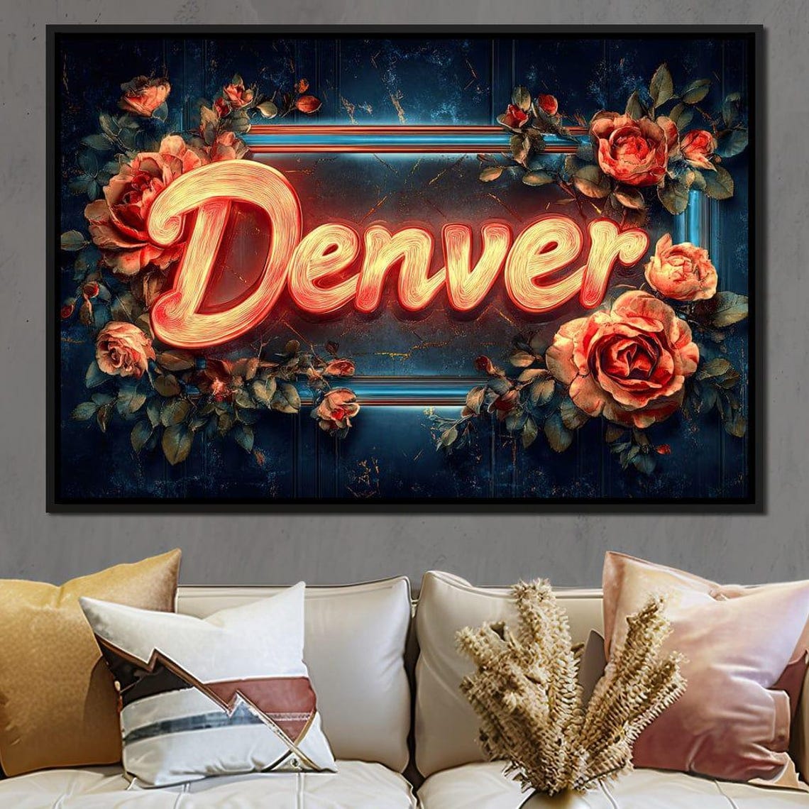 Denver Neon Sign Red Roses Floral Script Typography Wall Art - Image 4