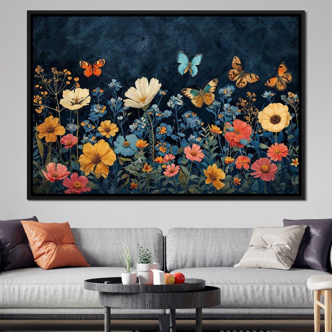 Midnight Wildflower Garden Butterfly Night Botanical Wall Art Poster