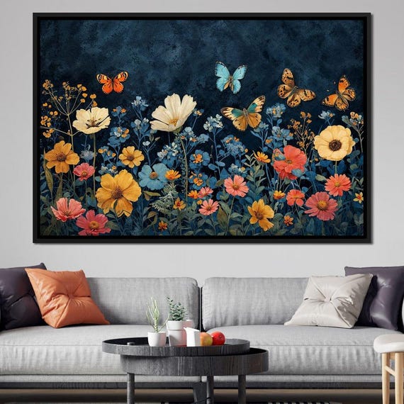 Midnight Blossom Ballet Floral Art Print Night Garden Decor Butterfly Illustration Botanical Wall Art Multicolor By Nichecanvas