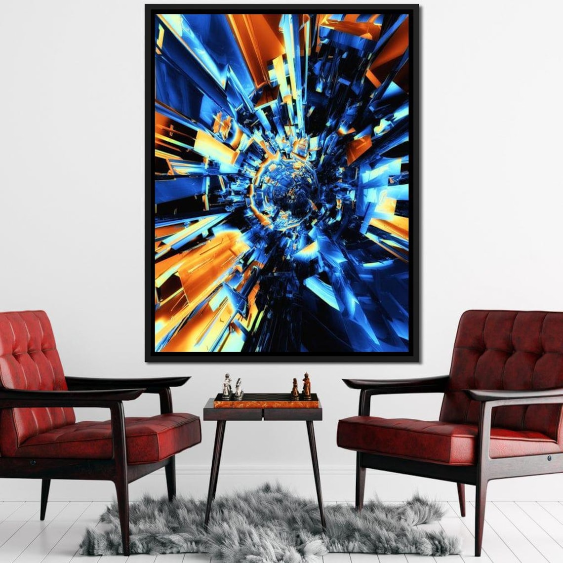 Blue Orange Geometric Tunnel Futuristic Sci Fi Abstract Wall Art Print - Image 2