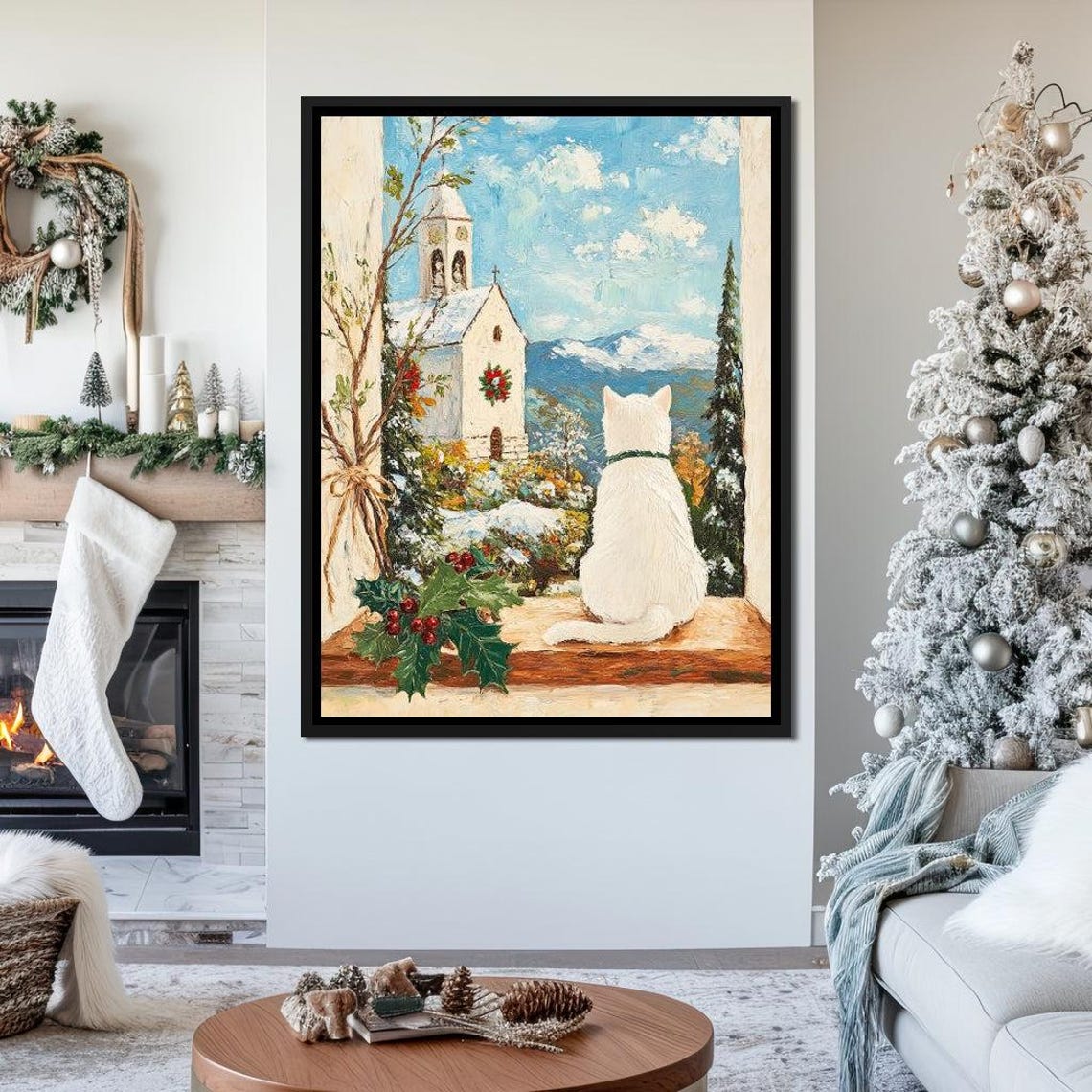 White Cat At Window Watching Snowy Chapel With Wreath Winter Poster