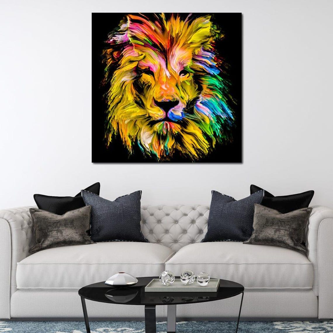 Colorful Abstract Lion Head Vibrant Yellow Mane Black Art Print - Image 2