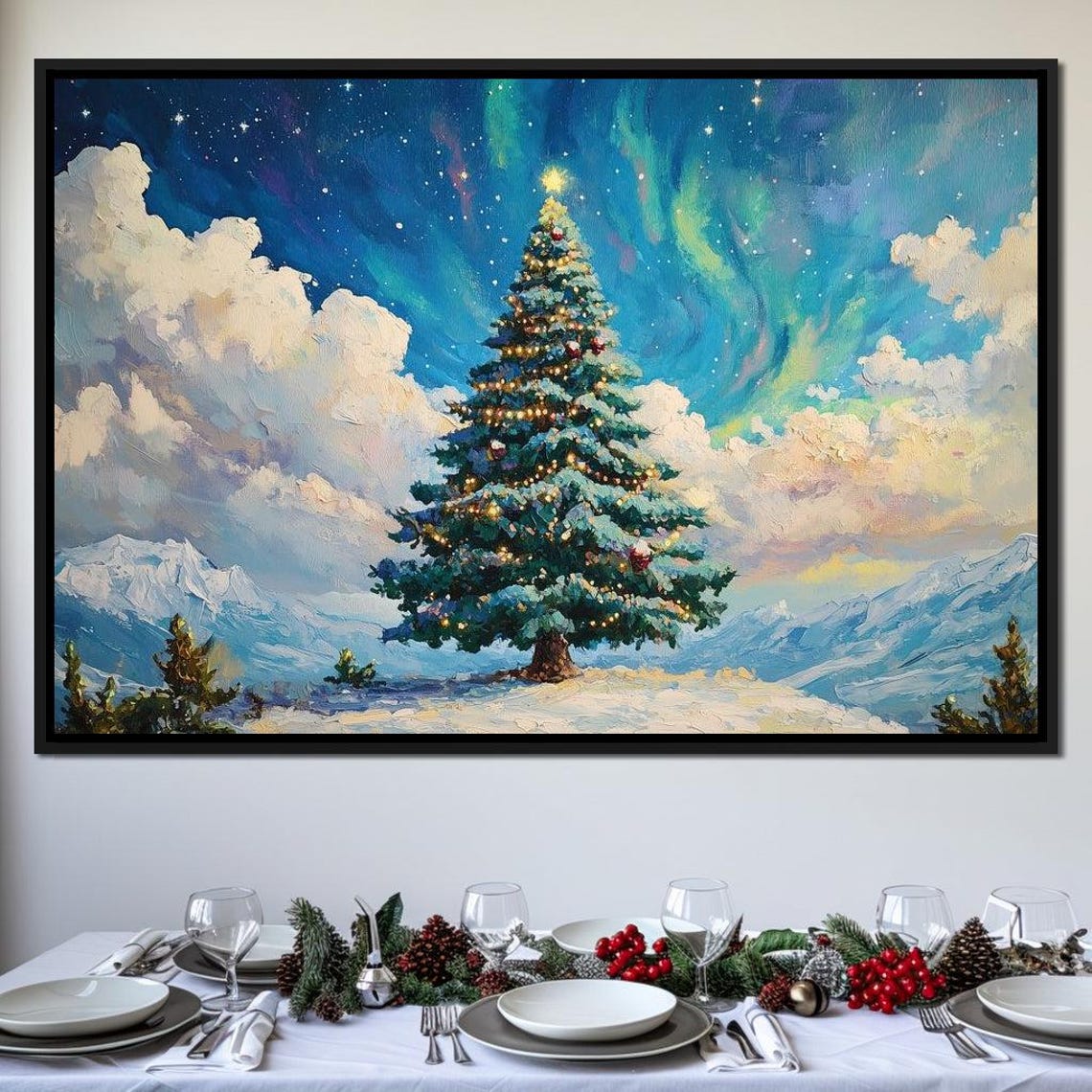 Aurora Borealis Over Snowy Christmas Tree Winter Night Lights Poster
