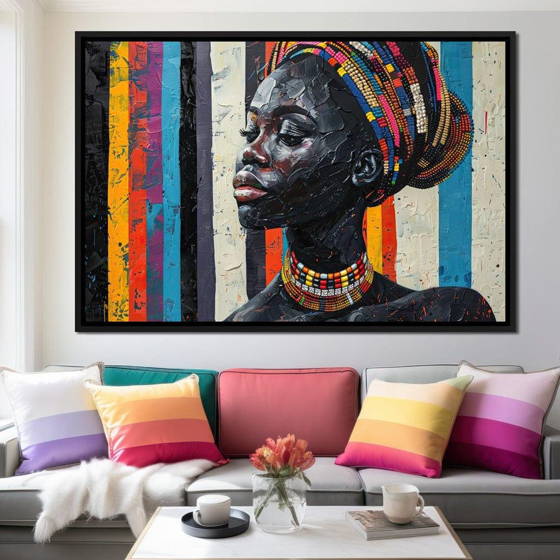 African Woman Beaded Headwrap Colorful Stripe Canvas Wall Art - Image 4