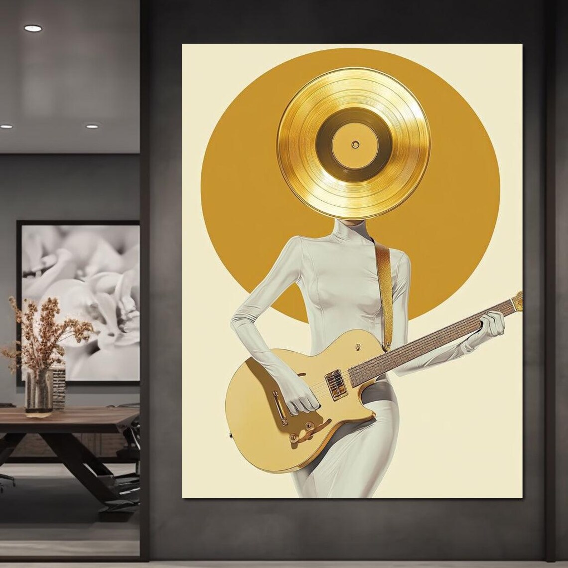Golden Vinyl Record Head Electric Guitar Minimalist Retro Music Wall Poster - Image 3