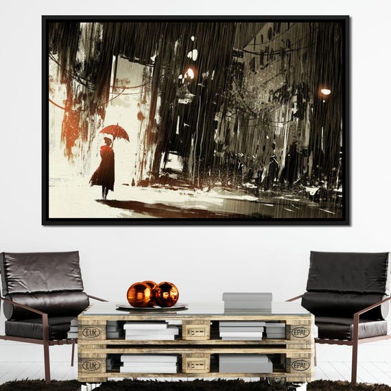 Halelis Rainy Day Urban Wall Art Red Umbrella Moody Cityscape Dark Fantasy Dcor Artistic Rain Scene By Nichecanvas