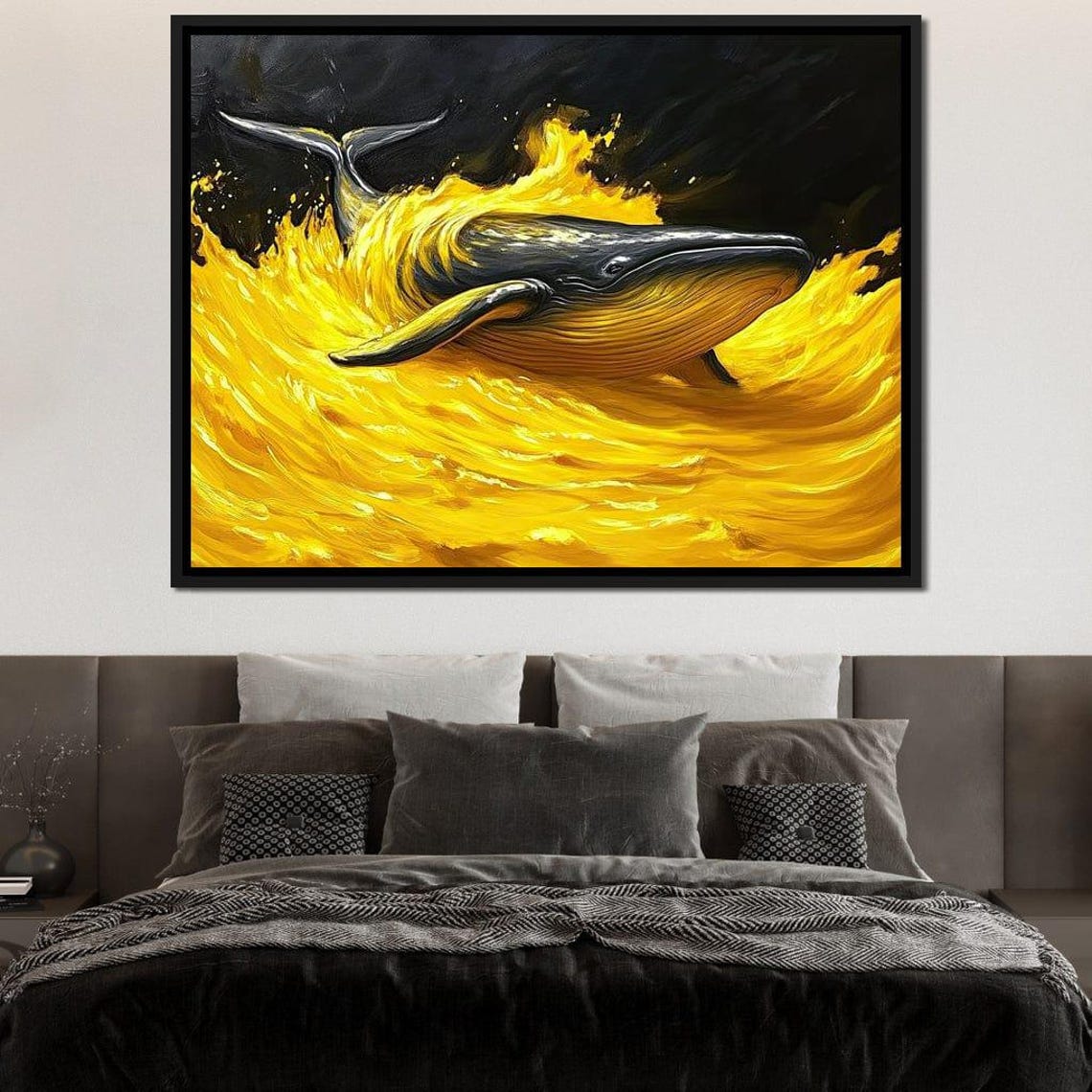 Humpback Whale Golden Ocean Waves Dramatic Black Nautical Art Print - Image 2
