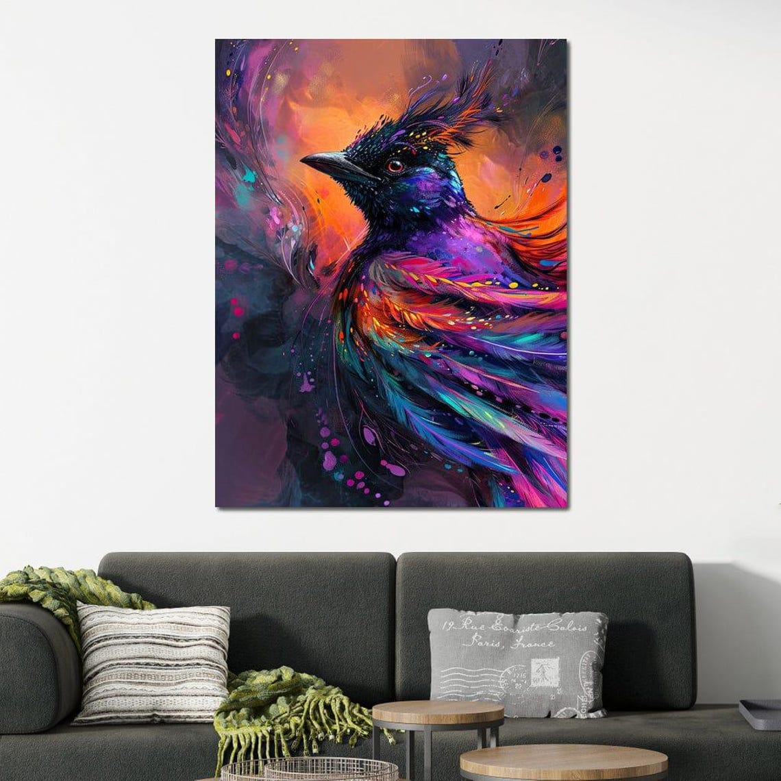 Vibrant Raven Feather Swirl Abstract Purple Orange Bird Art Poster - Image 2