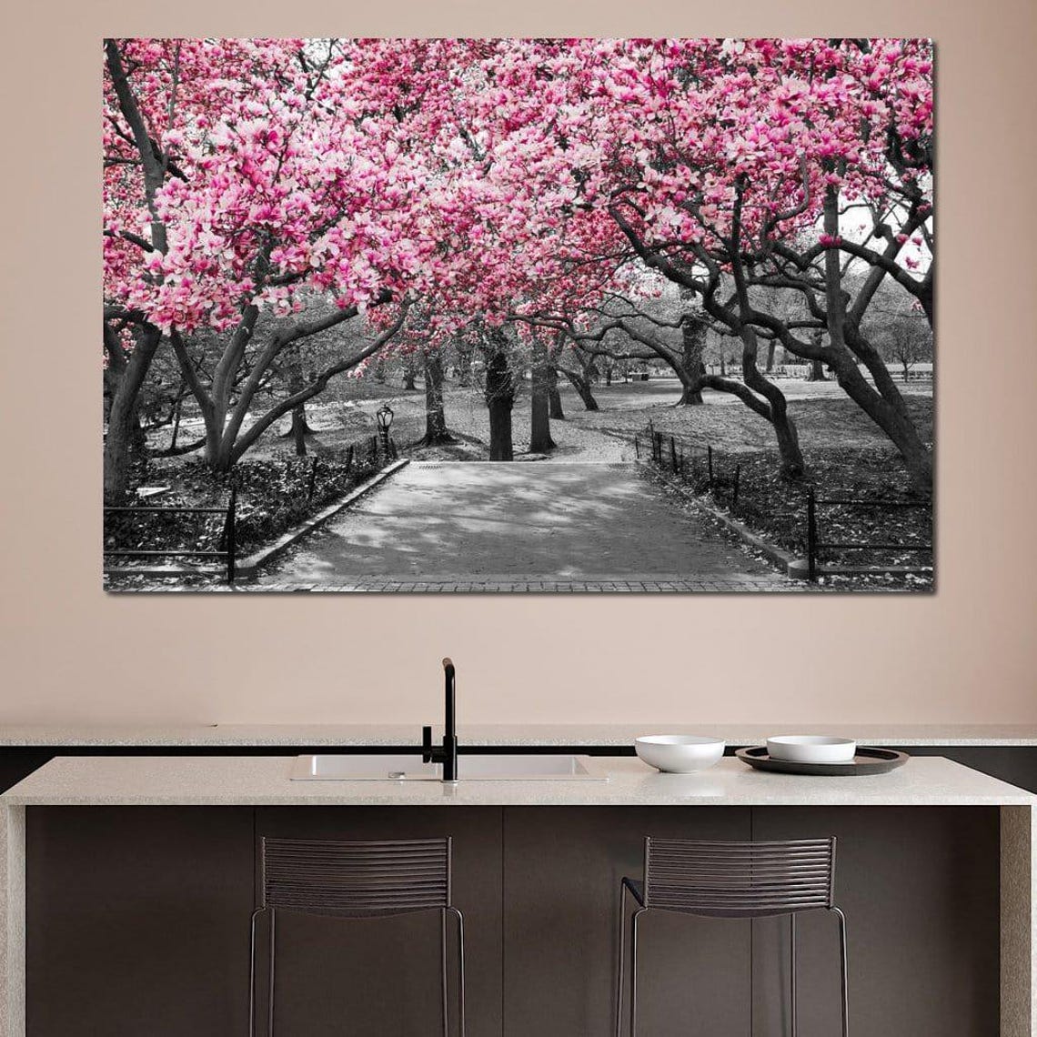 Pink Blossoms On Park Path Selective Color Spring Floral Art Print - Image 3