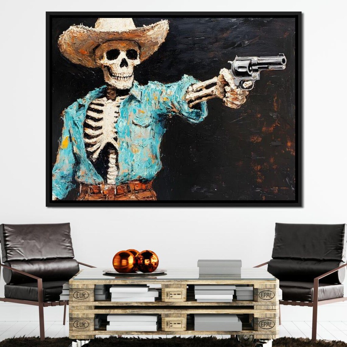 Skeleton Cowboy Denim Shirt Revolver Black Background Western Gothic Wall Print - Image 3