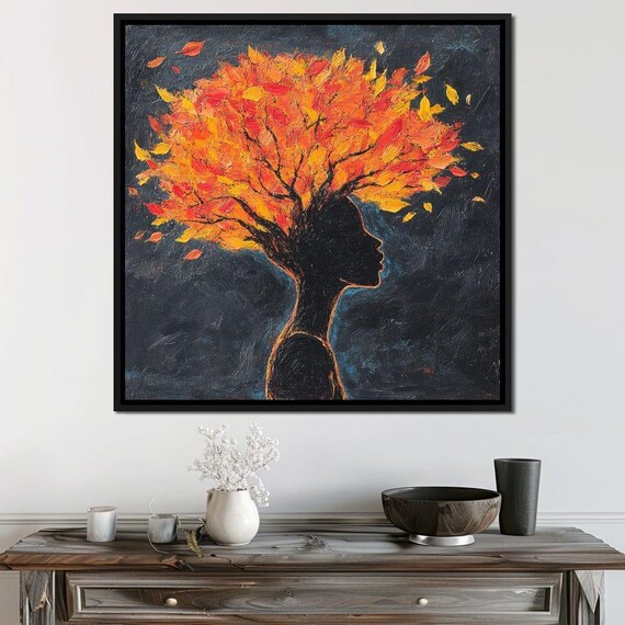 Woman Silhouette Crowned With Fiery Orange Autumn Foliage Hair Poster